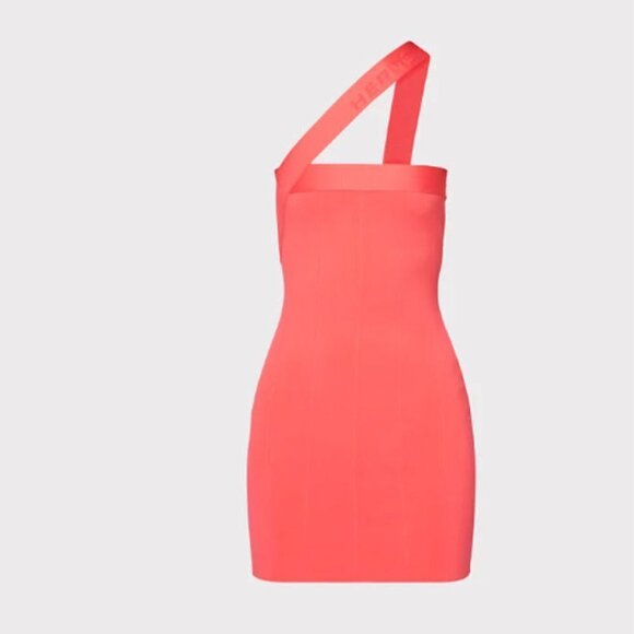 Herve Leger Coral Red Bodycon Mini Dress M NWT Asymmetrical Strap - Picture 2 of 7